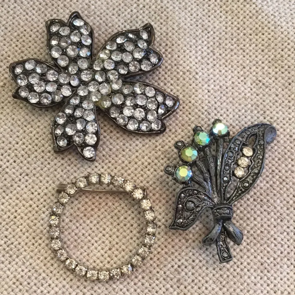 Set of 3 Rhinestone Pins Floral & Round Circle